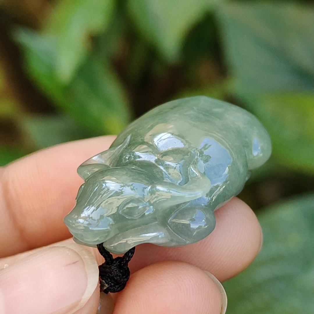 Oil Green Natural Type A Jadeite Pendant carved as water buffalo representing Hardworking and Simple, Unstoppable, Strong and Healthy and Turn the Tide, certificate include weighs 14.56 grams, 34.6 * 23.6 * 11.5 mm, suitable for daily wear (pendant80) Yi Pin Qian