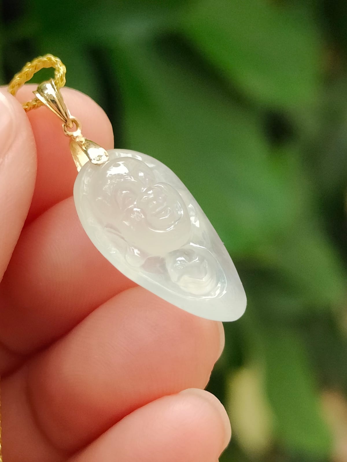 Icy Translucent Milo Buddha Pendant – 🪄Natural Type A Jadeite🪄, 18K Gold Clasp, Symbol of Joy & Abundance (18kp106) Yi Pin Qian Jadeites Jade Jewelry ~Your Precious Quintessential ~ Singapore