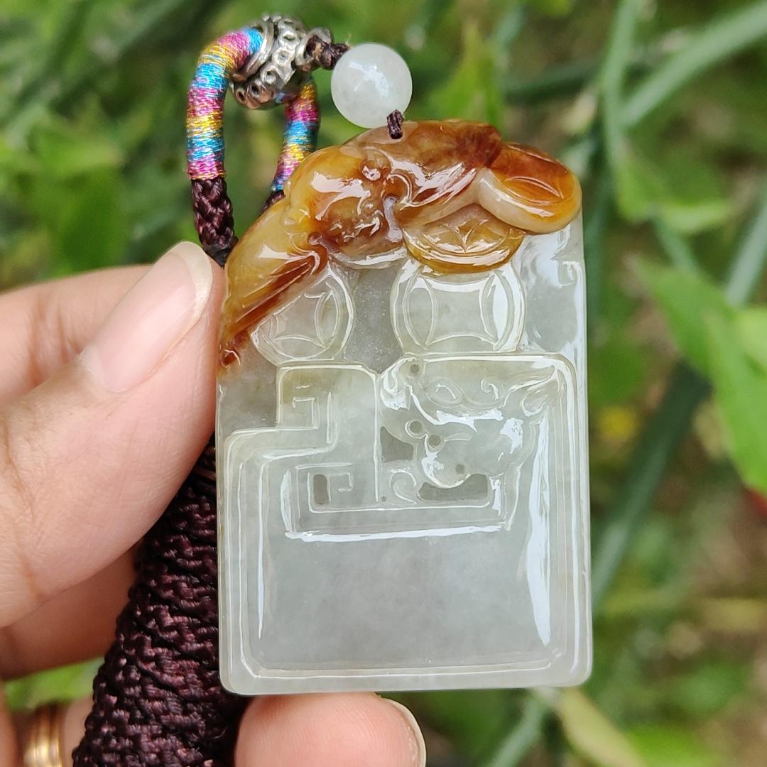 Collectible Rare Brown with Red Natural Type A Jadeite Pendant Necklace crafted with Bat, Coins, Old school Style Dragon and chinese word blessing, Symbols of Money, Luck and lots of blessing, Certificate included weigh 25.61 grams, 45.5 * 29.9 * 7.5 mm Yi Pin Qian