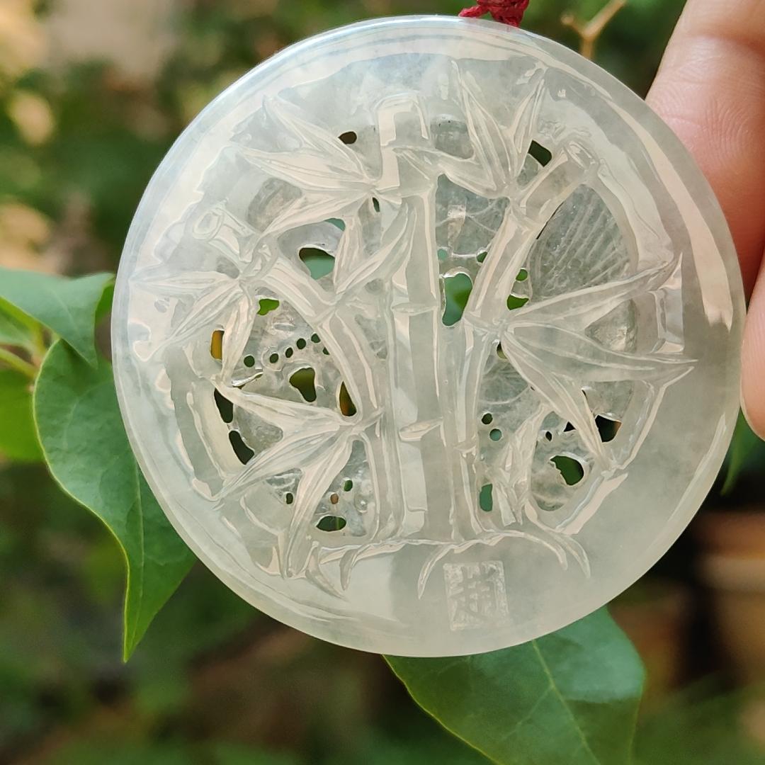 Highly Translucent Icy Natural Type A Jadeite Pendant Carved with Cranes, Pine Trees and Bamboo meaning Endurance, Perseverance and Never fading with Longevity, certificate included weighs 28.38 grams, 52.5 * 52.5 * 6.1 mm, for collection (pendant90) Yi Pin Qian