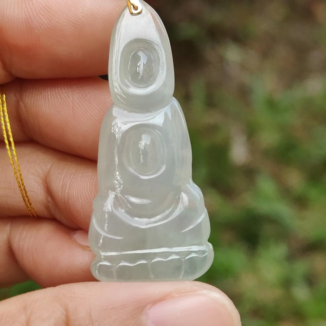 Icy Translucent Natural Type A Jadeite Jade crafted as Buddha with 18k gold clasp as Pendant, certificate weighs 6.78 grams, measurement 41.3 * 17.8 * 6.2 mm (18kp44) Yi Pin Qian