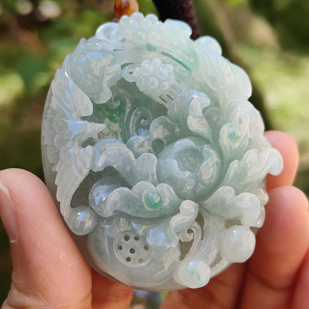Green with Bluish Green Hue Natural Type A Jadeite Pendant Necklace crafted with Bird and flowers, symbols of Auspiciousness, blessing, Nature and vitality, certificate included weigh 69.39 grams, 55.2 * 45.8 * 15.8 mm, suitable for collection (pendant49) Yi Pin Qian