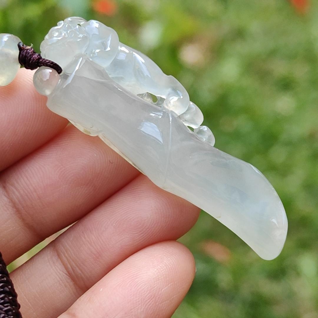 Premium Semi Icy with Light Green Hue Natural Type A Jadeite Jade crafted with Pixiu as a Pendant, certificate included weigh 12.61 grams, measurement 492. * 17.1 * 8.7 mm (pendant202) Yi Pin Qian
