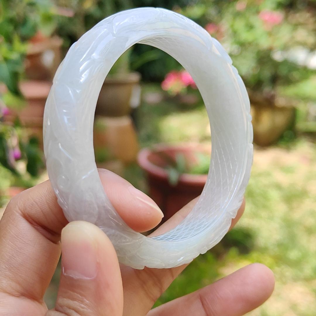 Light Lavender Natural Type A Jadeite Jade crafted with Pattern of Flowers with shape of Peace Bangle Bracelet , certificate weigh 60.82 grams, measurement 14 * 8.6 mm, Bangle Wrist Size: 56.5 mm (bangle6) Yi Pin Qian