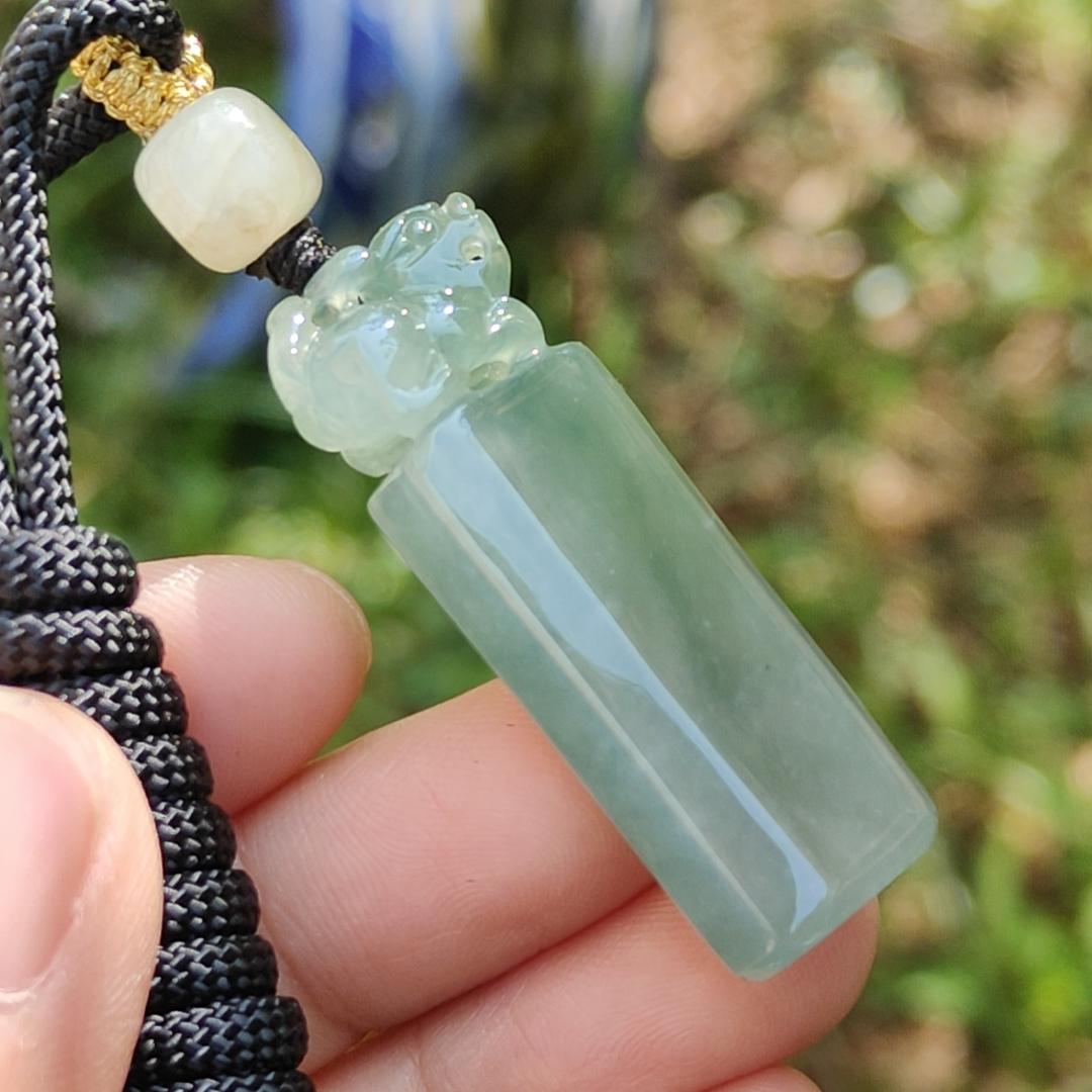 An Excellent Piece of Green Natural Type A Jadeite Pendant Necklace or Stamp crafted with Pixiu boosting Incoming Money and power with certificate weigh 13.16 grams, 41.2 * 13.6 * 8.7 mm , (pendant137) Yi Pin Qian