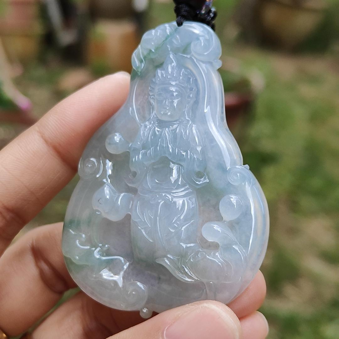 High Quality Light Lavender, Light Green with Yellow patches Natural Type A Jadeite Jade crafted with Guanyin as Pendant, certificate weigh 27.22 grams, measurement 63 * 44.3 * 6.8 mm (pendant229) Yi Pin Qian