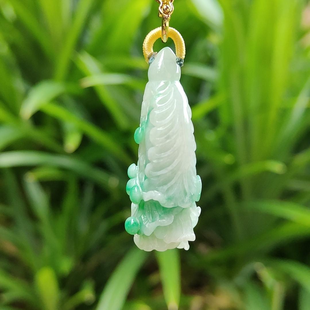 Rare Translucent Near White with Green Patches Natural Type A Jadeite pendant with NGI Gemstone report weight 72.19 grams, 44.87 * 20.83 * 14.52 mm carved as cabbage, with Gravity at 3.33 fine grain crystal aggregate suitable for daily wear (pendant127) Yi Pin Qian