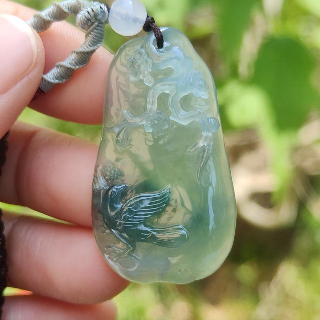 High Premium Quality Icy Green Natural Type A Jadeite Jade Pendant Necklace crafted with bird, flower and tree trunk, certificate included weigh 11.70 grams, measurement 40 * 23 * 6.3 mm (pendant187) Yi Pin Qian