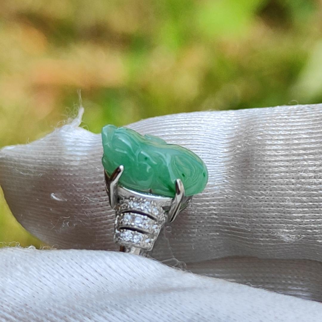 Green Natural Type A Jadeite Jade crafted with Pixiu set on adjustable S925 as a Ring with certificate weigh 2.6 grams, measurement 12.2 * 7 * 4.9 (s925ring9) Yi Pin Qian