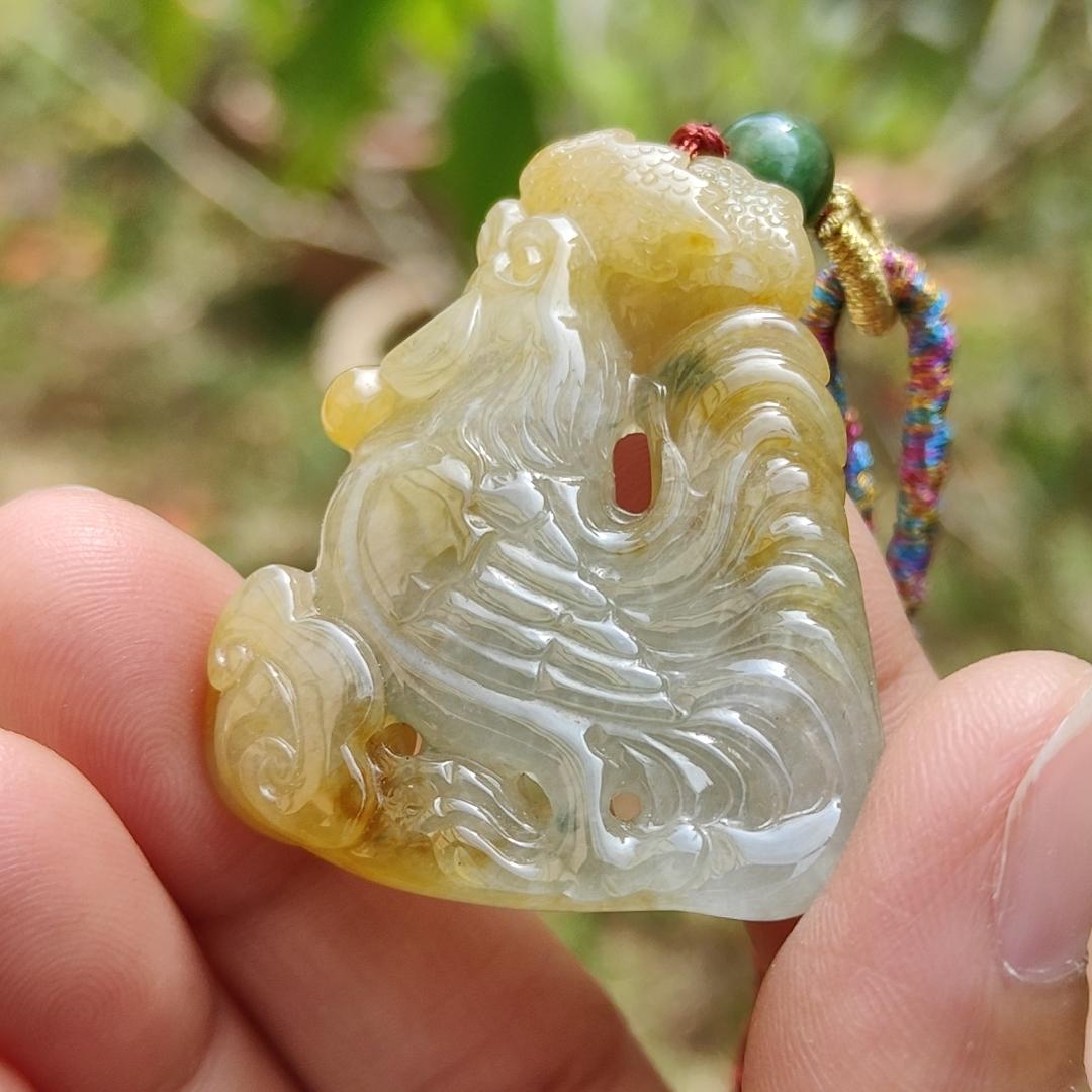 Premium Quality Yellow and Green Natural Type A Jadeite Jade crafted as Rooster with Ruyi as pendant necklace with certificate weigh 17.7 grams, measurement 41.6 * 34.8 * 7.5 mm (pendant208) Yi Pin Qian