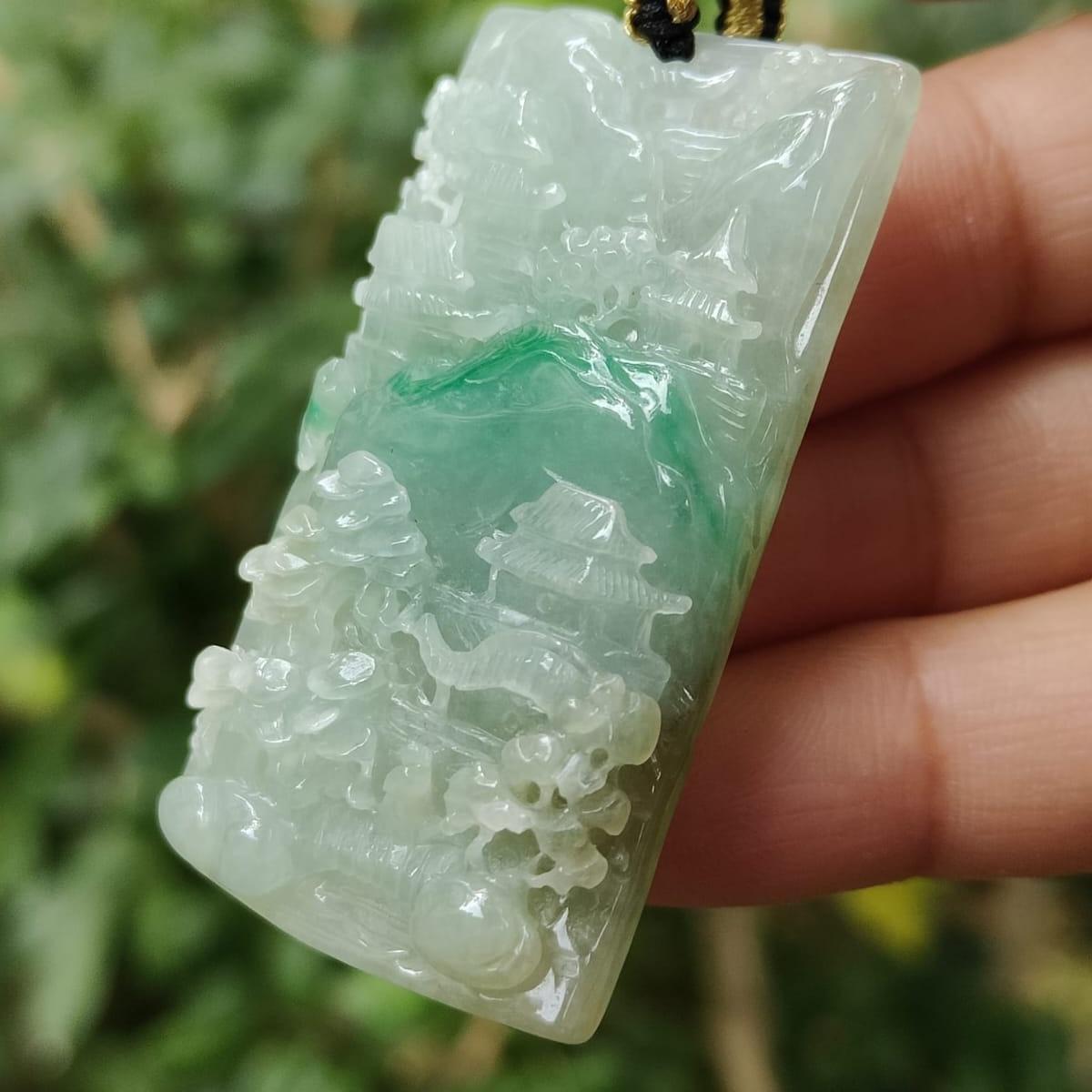Latest arrival SG Local Seller crafted as sceneries Pendant Light green Hue, Green and white Natural Type A Jadeite Jade, certificate weighs 21.24 grams, measurement 47 * 26.9 * 7.5 mm (pendant353) Yi Pin Qian Jadeites Jade Jewelry ~Your Precious Quintessential ~ Singapore