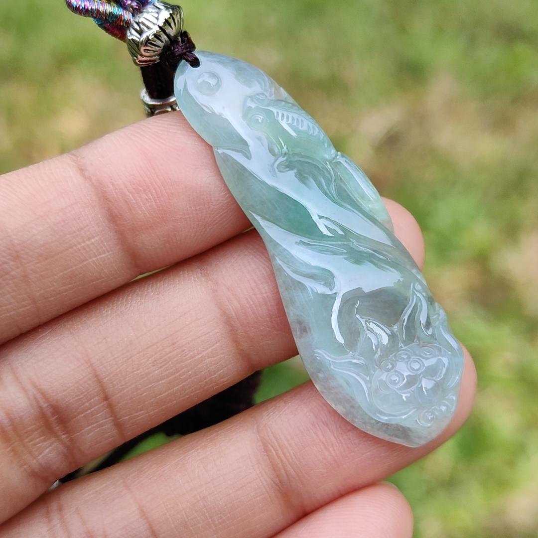 Icy Light Green Natural Type A Jadeite Jade Pendant Crafted with Fish and Lotus, certificate weigh 6.07 grams, measurement 46.3 * 15.8 * 5.5 mm (pendant191) Yi Pin Qian