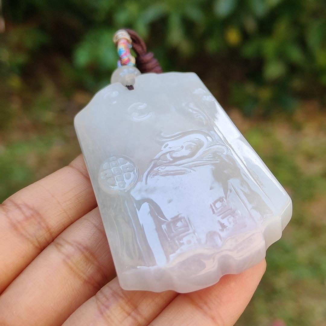 Hugh Light Lavender and Light Green Natural Type A Jadeite Pendant Necklace crafted as Chinese Old School Style pendant with chinese poem at the back, certificate included weigh 54.38 grams, 66.2 * 39.2 * 8.2 mm, collectible or daily wear (pendant38) Yi Pin Qian