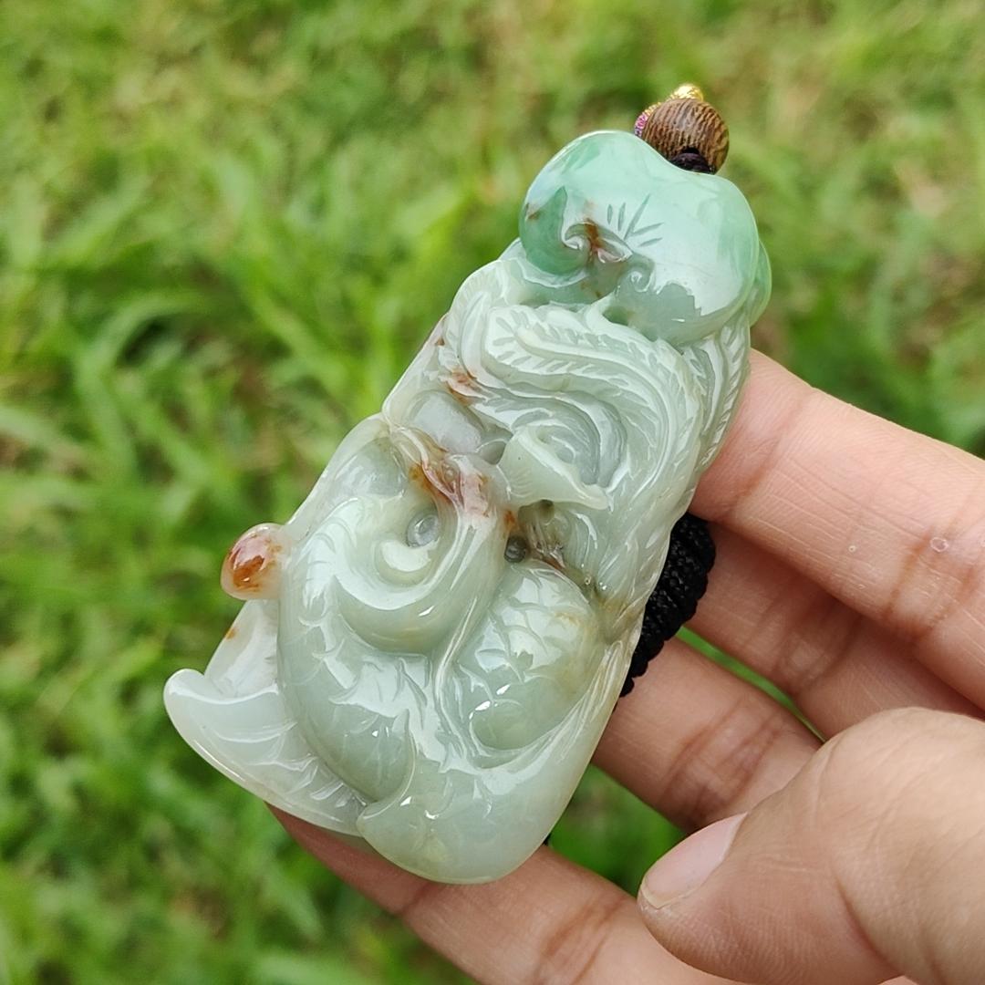 Green with Red Patches Natural Type A Jadeite Pendant Necklae Crafted with Old School Phoenix and ruyi with certificate weigh 50.24 grams, 67.7 * 35 * 11.8 mm, symbols of Good luck and a good life noble authority (pendant23) Yi Pin Qian