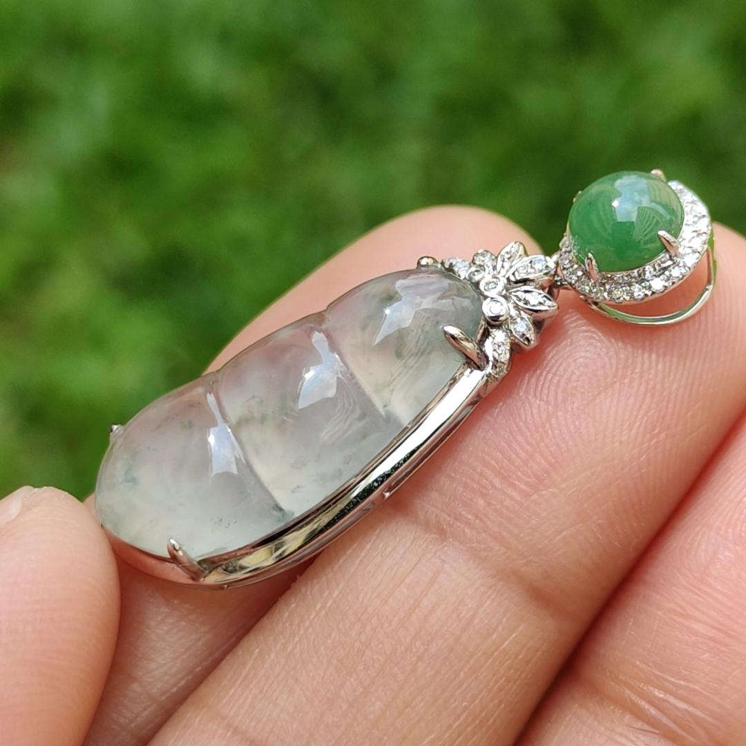 Premium Icy Translucent Natural Type A Jadeite Jade crafted as Four Seasons Fortune Beans set on 18k gold with 1 green cabochon and diamonds, certificate include weigh 3.86 grams, measurement 36.7 * 12.5 * 7mm (18kp14) Yi Pin Qian