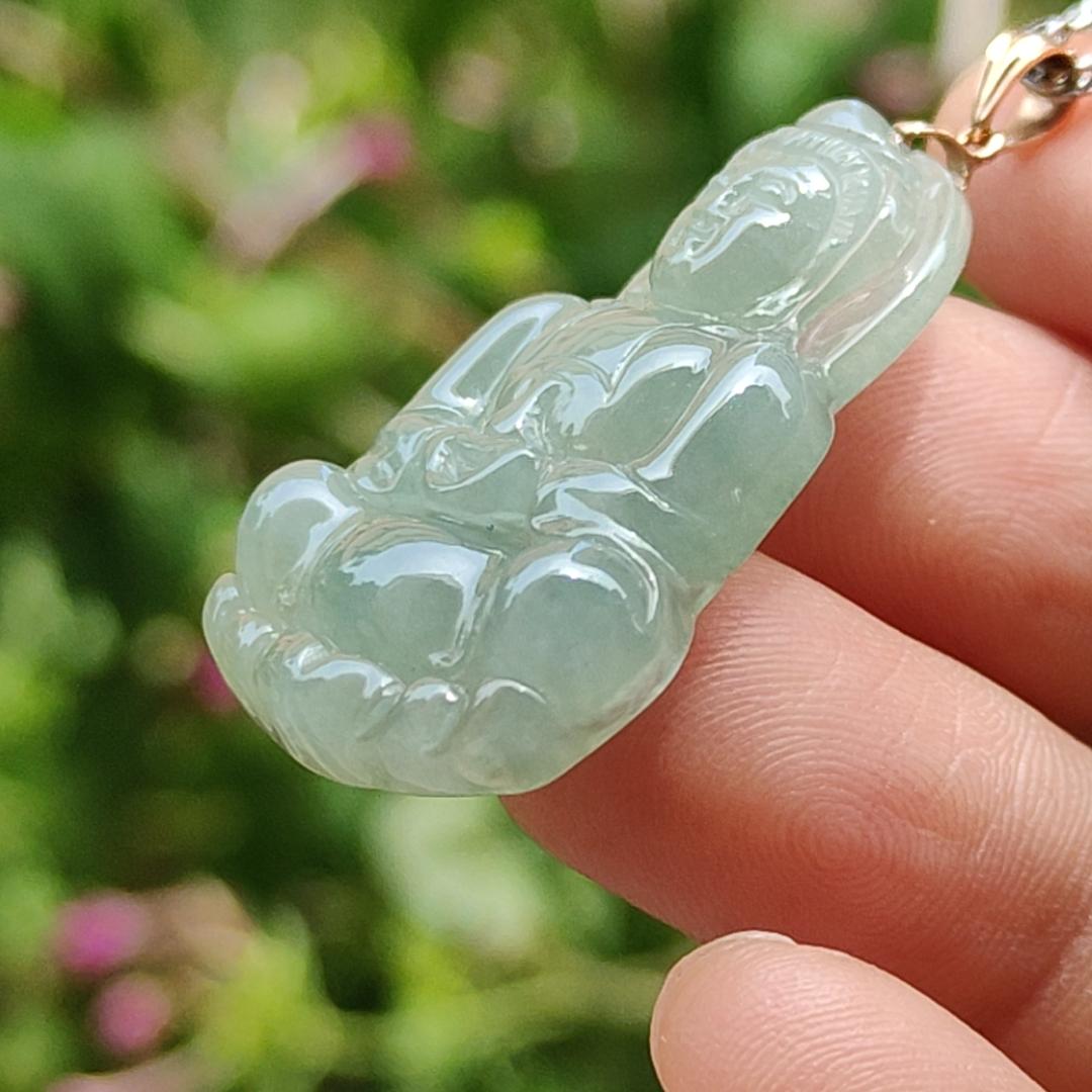 Light Green Good Translucent Natural Type A Jadeite Jade crafted with Guanyin 18k gold clasps as Pendant, certificate weighs 6.36 grams, measurement 32.2 * 21 * 5.8 mm (18kp49) Yi Pin Qian