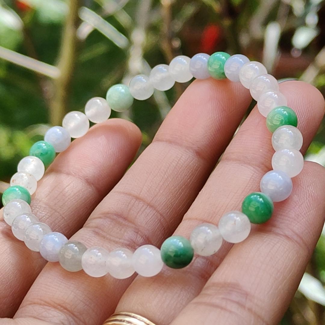 Mix with Green, Lavender and Icy Natural Type A Jadeite Jade 33 Beads with measurement of 5.5 mm bracelet, QIC labs approved certificate included weigh 9 grams (bracelet16) Yi Pin Qian
