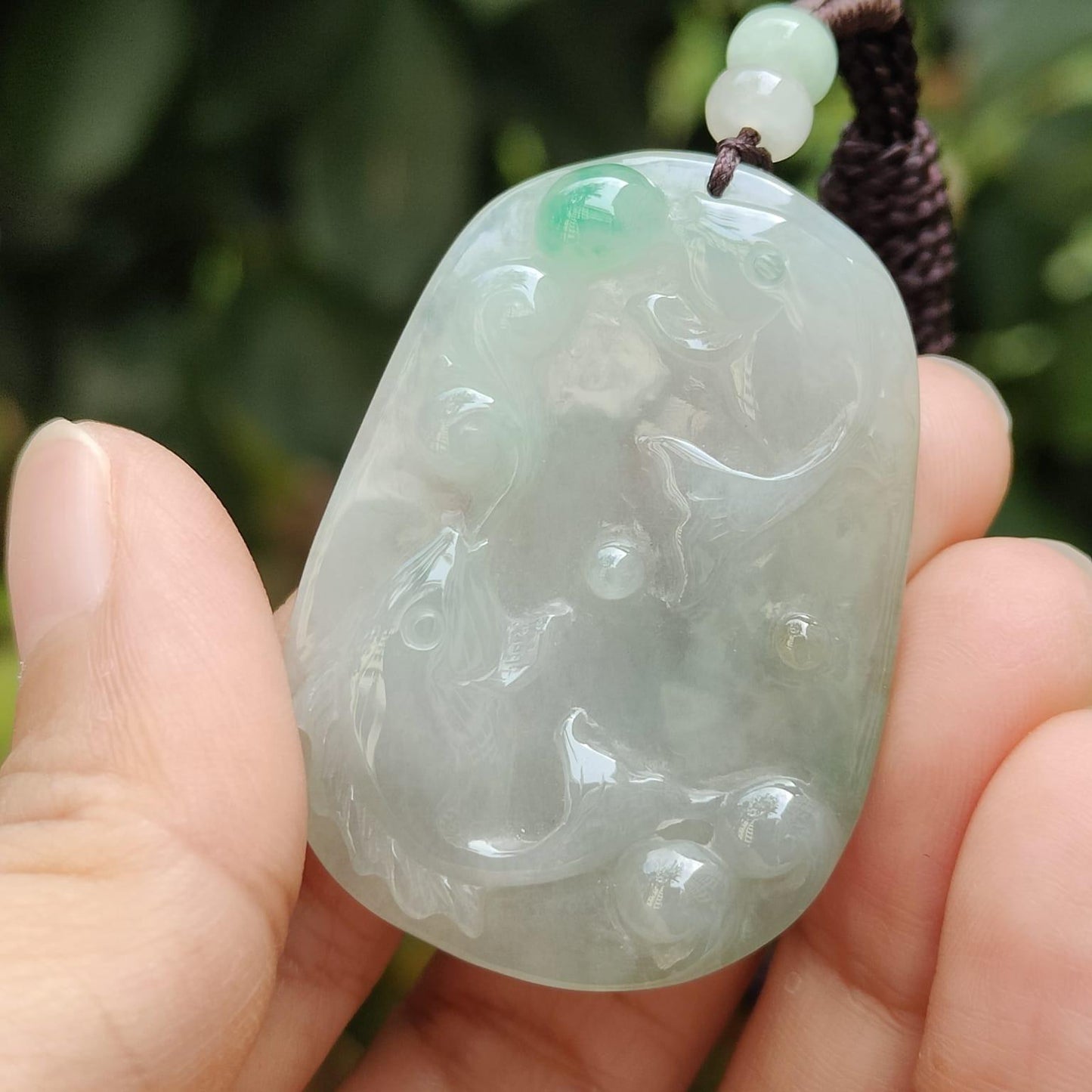 Crafted with pair of fish on Natural Type A Jadeite Jade as pendant certificate weighs 13.22 grams, measurement 42.8 * 30.3 * 5.2 mm (pendant343) Yi Pin Qian Jadeites Jade Jewelry ~Your Precious Quintessential ~ Singapore
