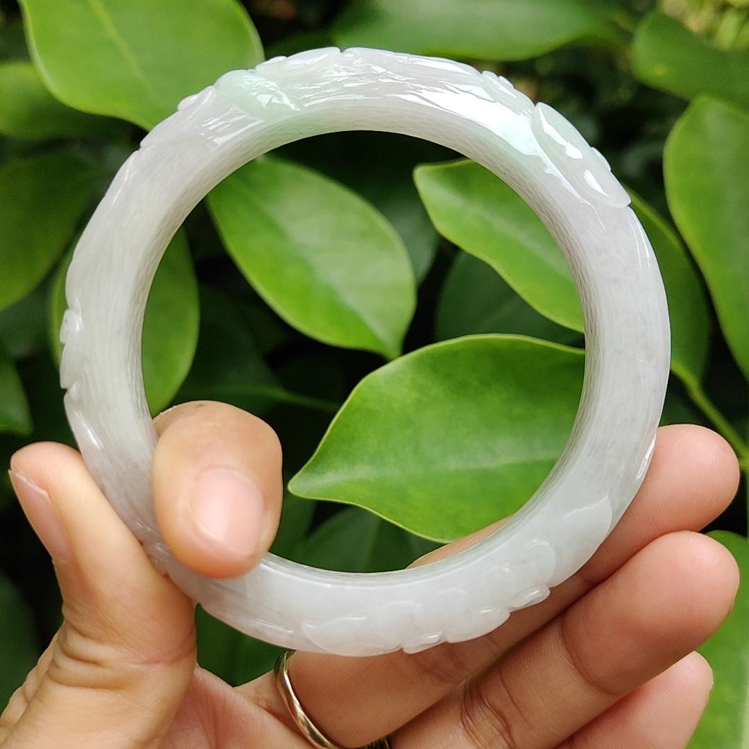 Type A Natural Jadeite Jade - Light Lavender Light Green Peace Bangle crafted with Patterns of Flowers, certificate weighs 54.67 grams, Wrist Size 56.6mm, Width 11.7 and Thickness 9mm (bangle11) Yi Pin Qian Jadeites Jade Jewelry ~Your Precious Quintessential ~ Singapore