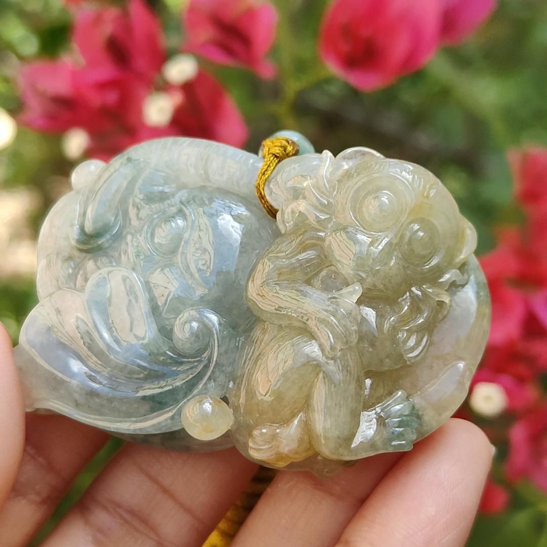Light green and Yellow Natural Type A Jadeite Pendant, a rare collection carved with Monkey, Elephant and Ruyi, symbols of Wisdom, strength, authority, good luck and protection, certificate included weigh 47.85 grams, 55.7 * 36 * 13.8 mm (pendant74) Yi Pin Qian