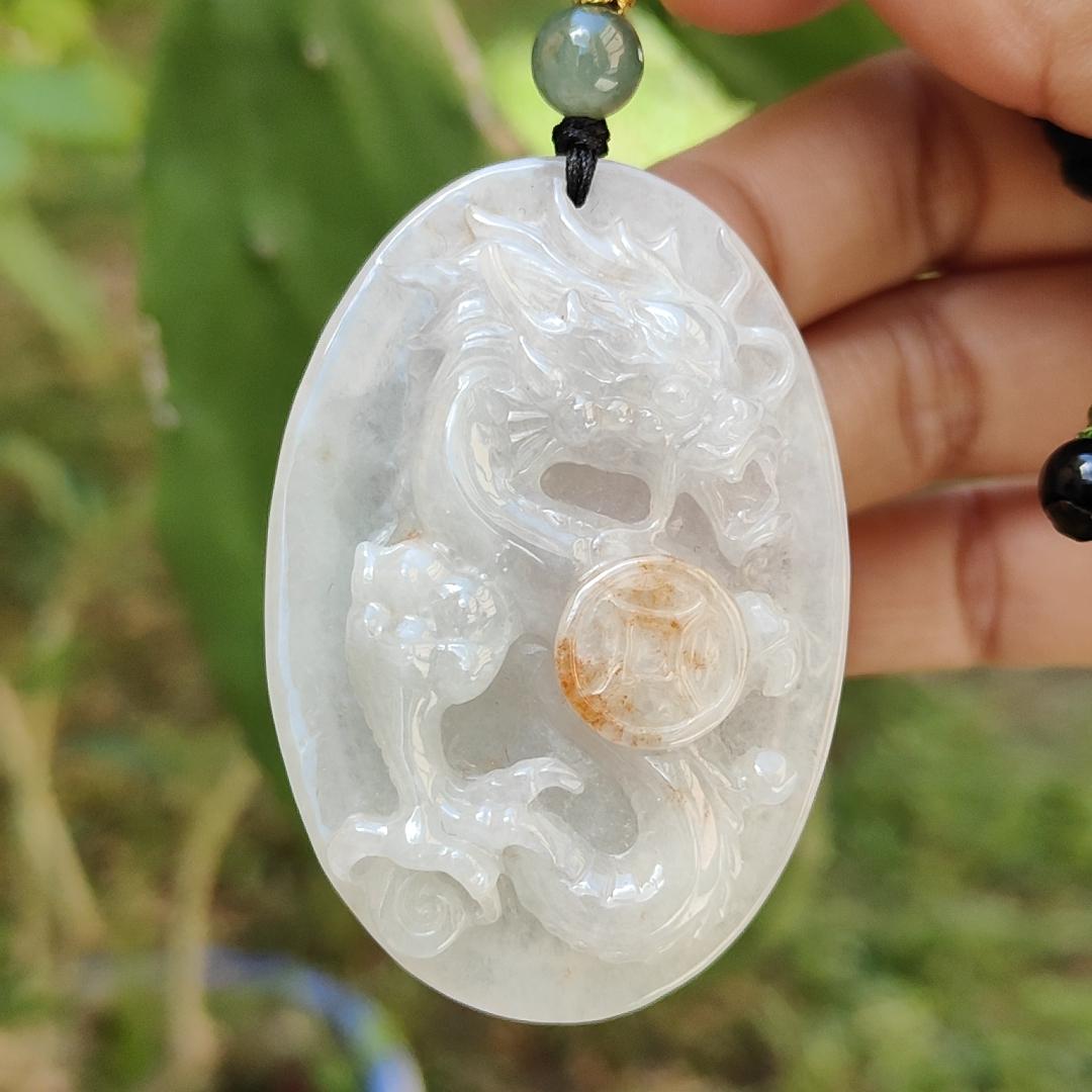 Golden Yellow Spreads on the Coin crafted with a Dragon Natural Type A Jadeite Pendant with certificate weigh 23.41 grams, 54.6 * 36.9 * 8 mm, symbols of Authoritative, honorable, auspicious and prosperous suitable for daily wear or collection (pendant59) Yi Pin Qian