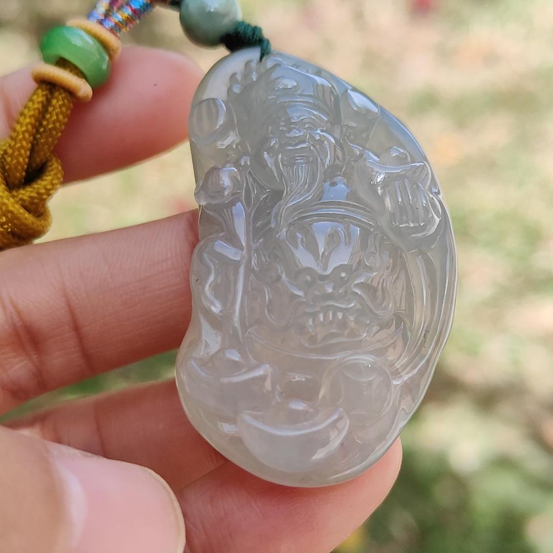 High Quality Icy Translucent Natural Type A Jadeite Jade crafted with God of Fortune as Pendant, certificate weighs 24.19 grams, measurement 48.8 * 27.3 * 10 mm (pendant274) Yi Pin Qian