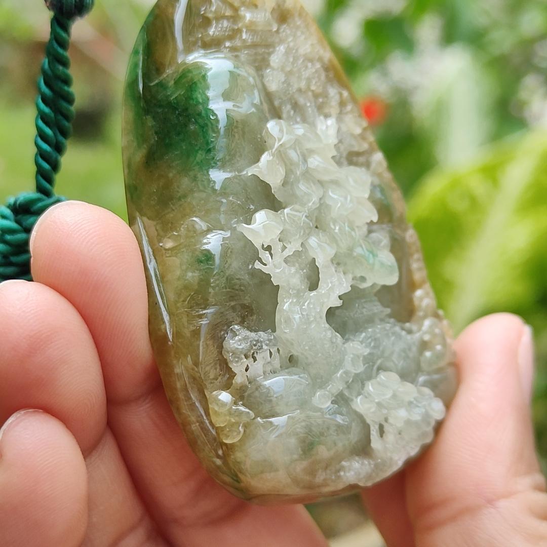Hugh, Rare, High-Quality Brown with Light Green Natural Type A Jadeite Jade crafted with Sceneries as Pendant, certificate weighs 67.2 * 43.3 * 19.3 mm (pendant266) Yi Pin Qian