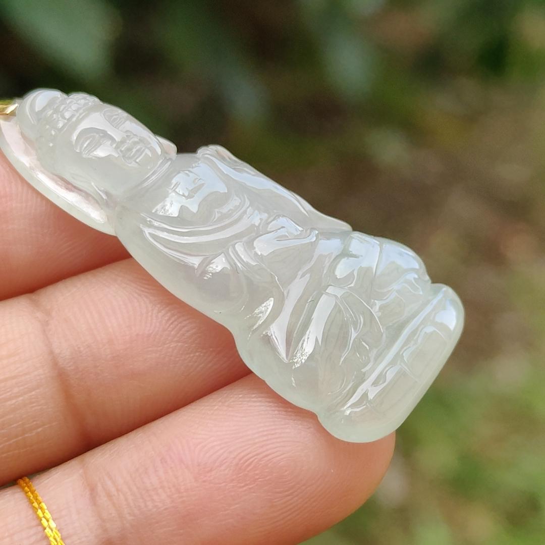 Icy Translucent Natural Type A Jadeite Jade crafted as Buddha with 18k gold clasp as Pendant, certificate weighs 6.78 grams, measurement 41.3 * 17.8 * 6.2 mm (18kp44) Yi Pin Qian