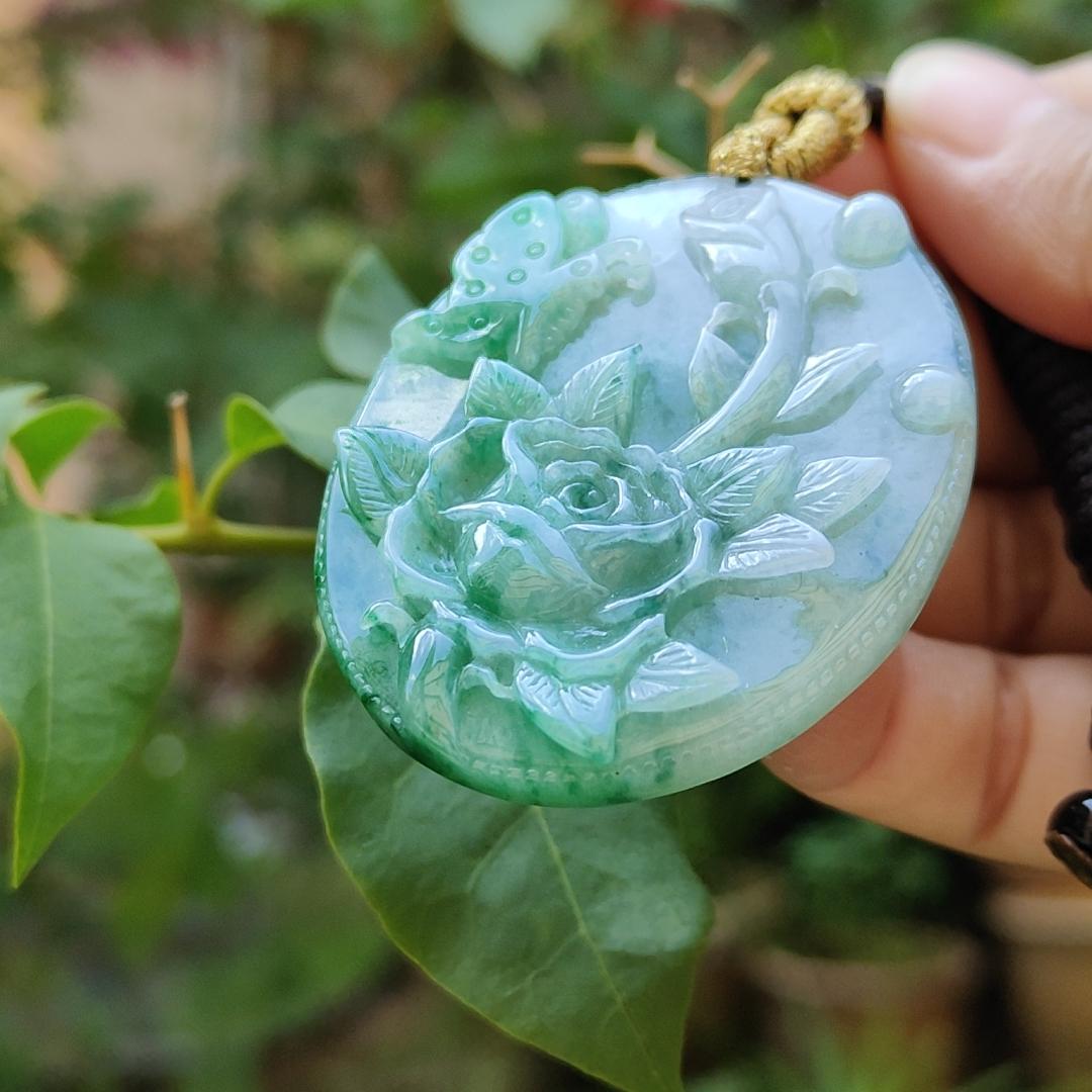 Green with green patches Natural Type A Jadeite Pendant carved with Butterfly and flowers represents Sweet Love with happy marriage, wealthy with flowers blooming and mutual love, certificate weigh 26.02 g, 49.3 * 40.6 * 6.8 mm (pendant84) Yi Pin Qian
