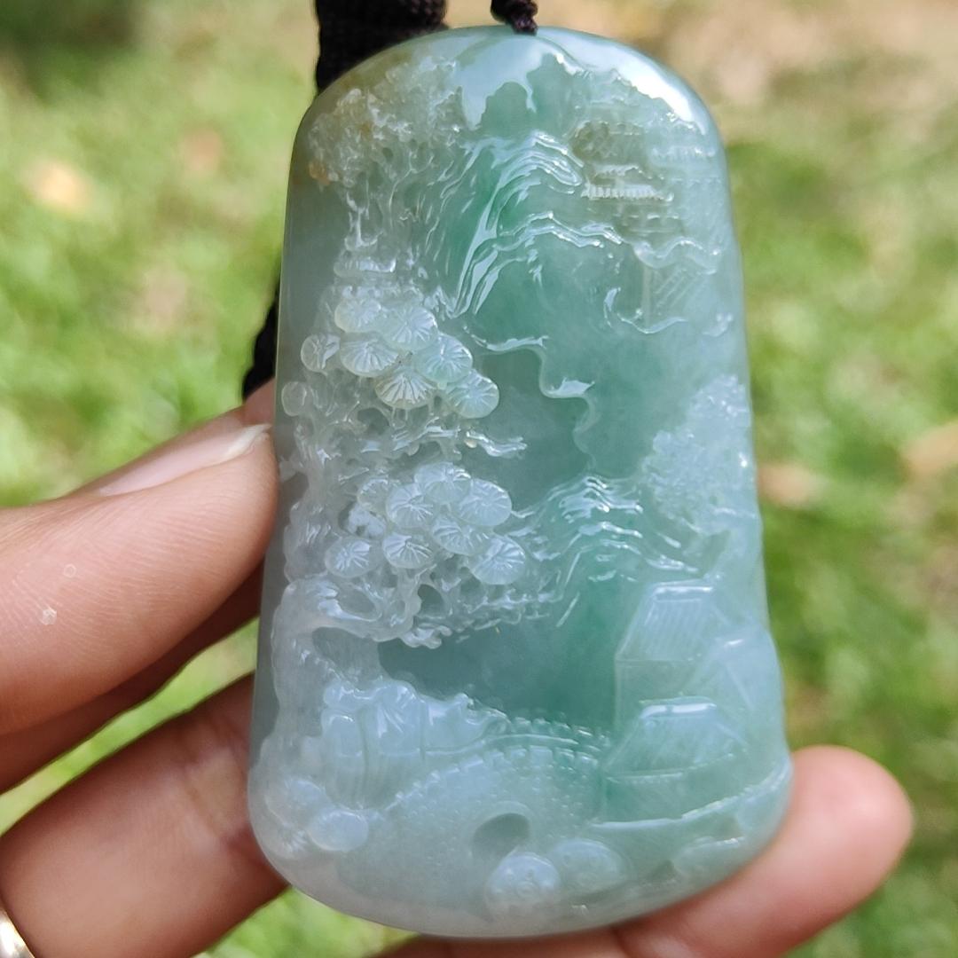 High Quality Light Green with Yellow Natural Type A Jadeite Jade crafted with sceneries as Pendant, certificate weighs 78.02 grams, measurement 66.1 * 40.5 * 13.3 mm (pendant280) Yi Pin Qian
