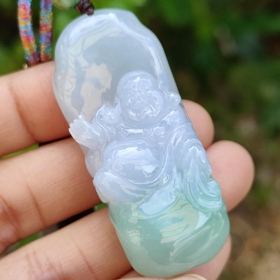 Lavender and Green Natural Type A Jadeite Pendant crafted with Milo Buddha represent Compassionate, tolerant, optimistic and open-minded with certificate weight 29.40 grams, 50.80 * 20.80 * 13.60 mm suitable for daily wear (pendant108) Yi Pin Qian