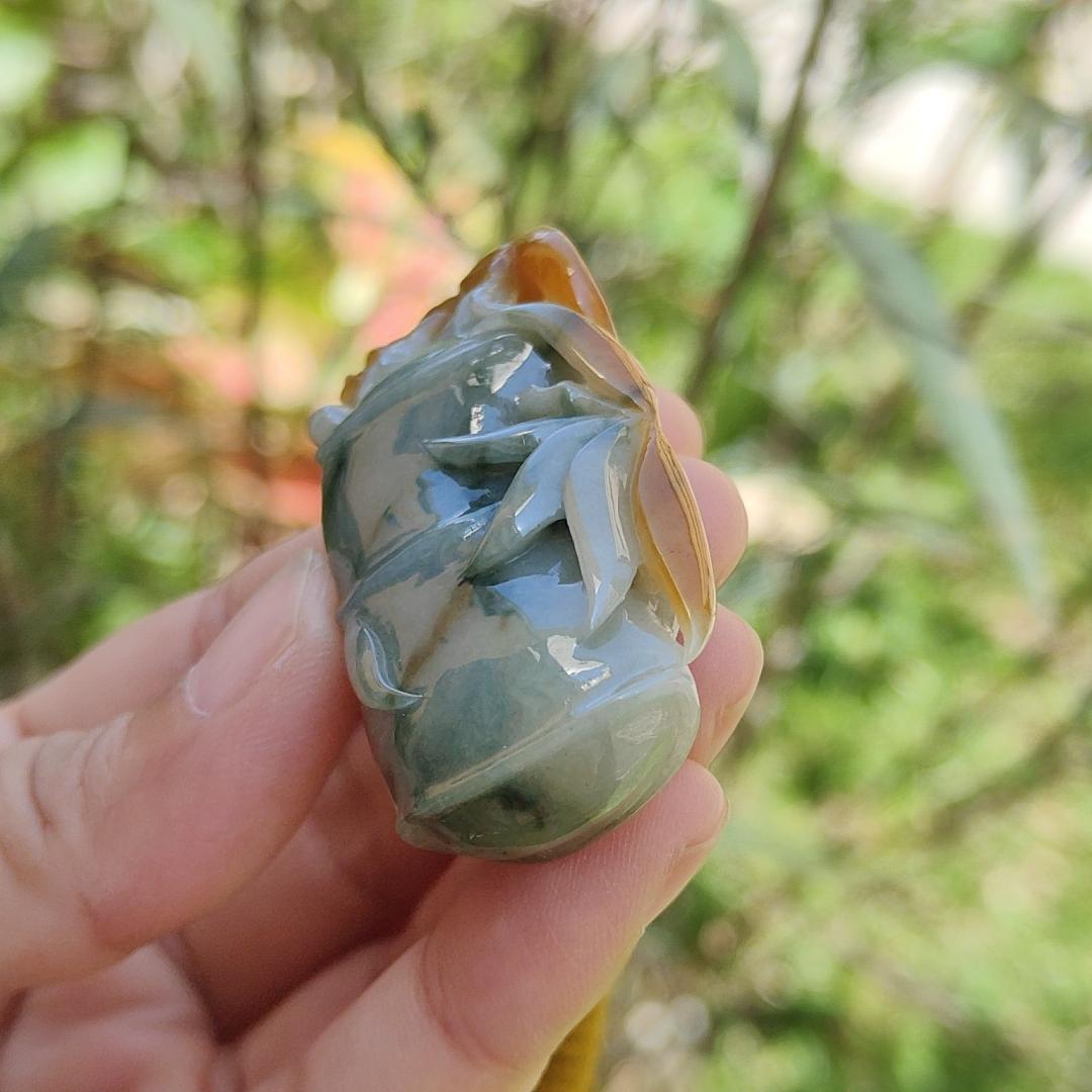Premium Yellow and Floating Blueish Green (Piaohua) Natural Type A Jadeite Pendant Necklace crafted with Bamboo, Lizard symbols of Wealth, fortune, longevity and wisdom with certificate weigh 37.99 grams, 57.3 * 27.5 * 14.6 mm (pendant47) Yi Pin Qian