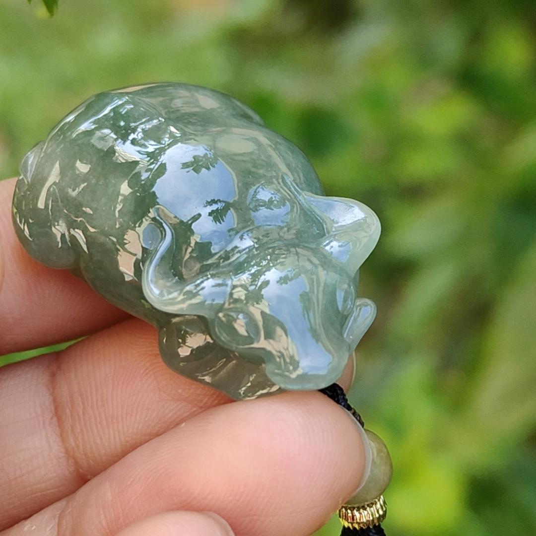 Oil Green Natural Type A Jadeite Pendant carved as water buffalo representing Hardworking and Simple, Unstoppable, Strong and Healthy and Turn the Tide, certificate include weighs 14.56 grams, 34.6 * 23.6 * 11.5 mm, suitable for daily wear (pendant80) Yi Pin Qian