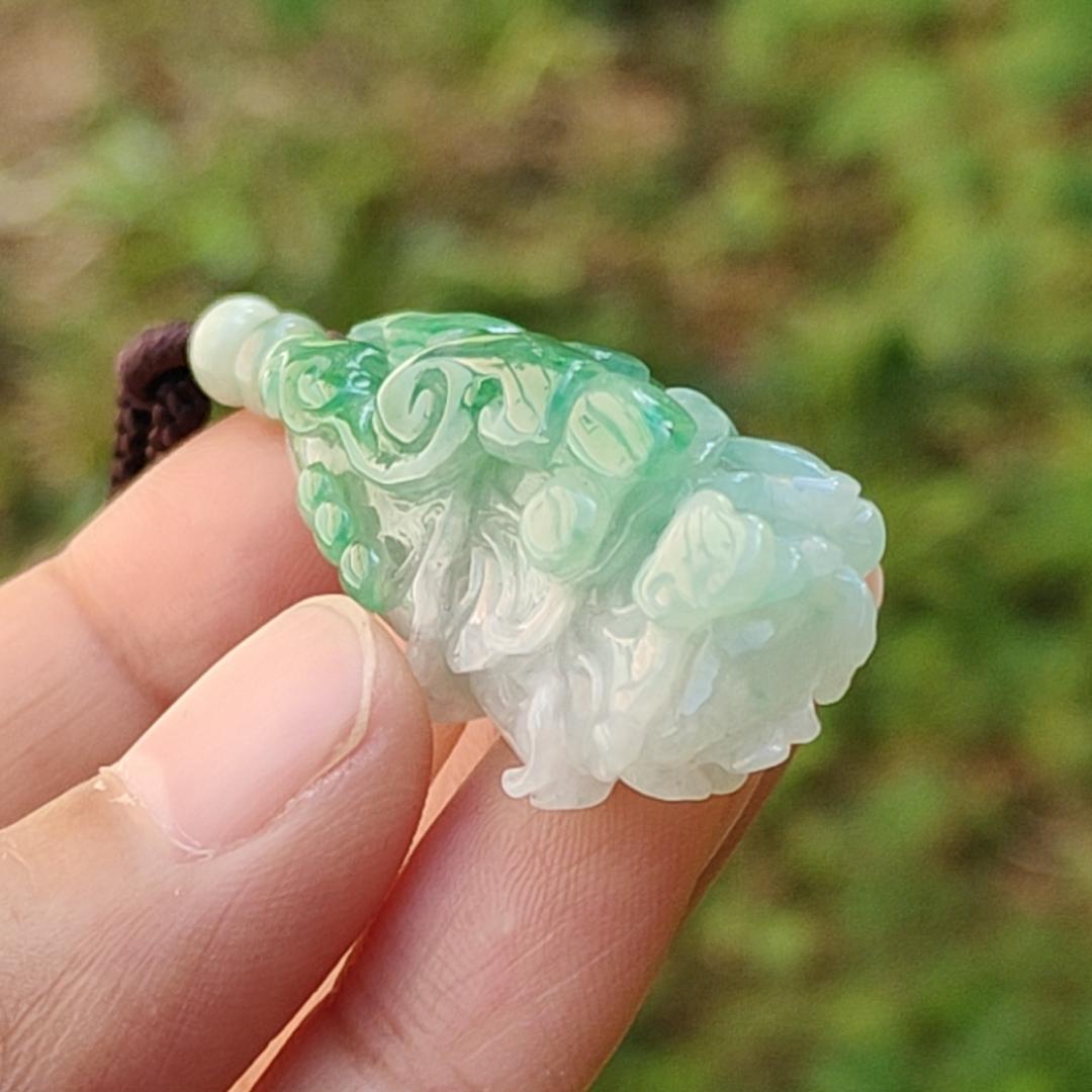 Lots Of Green on this Natural Type A Jadeite Pendant Necklace Crafted as Chinese Cabbage with Ruyi, Symbols of Wealth rolling in, good luck and prosperity, certificate included weigh 15.27 grams, 47.9 * 19.6 * 14.8 mm, (pendant30) Yi Pin Qian