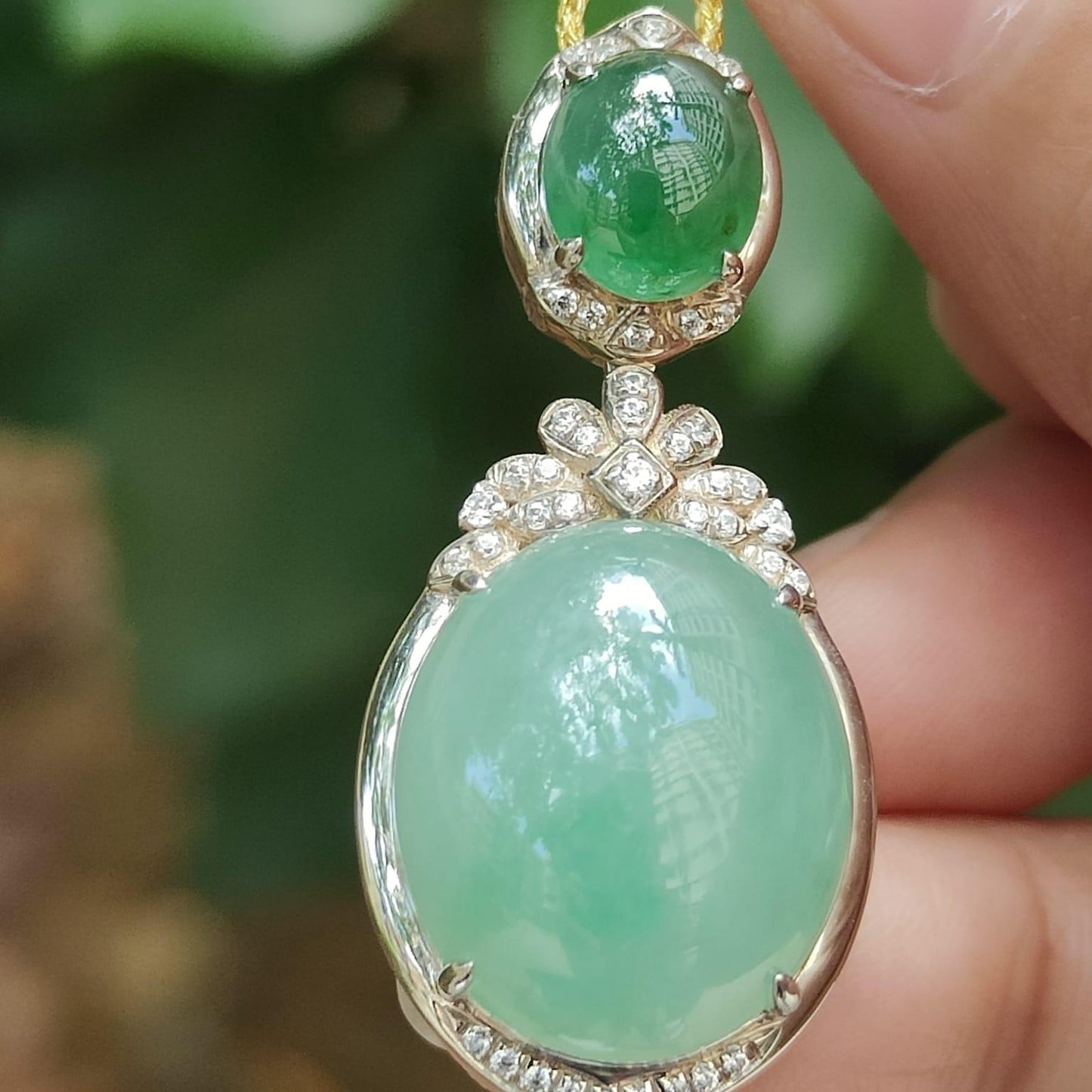 Natural Type A Jadeite Pendant – Icy Emerald & Light Green Cabochons, S925 Silver Setting, Timeless Elegance (s925p6) Yi Pin Qian Jadeites Jade Jewelry ~Your Precious Quintessential ~ Singapore