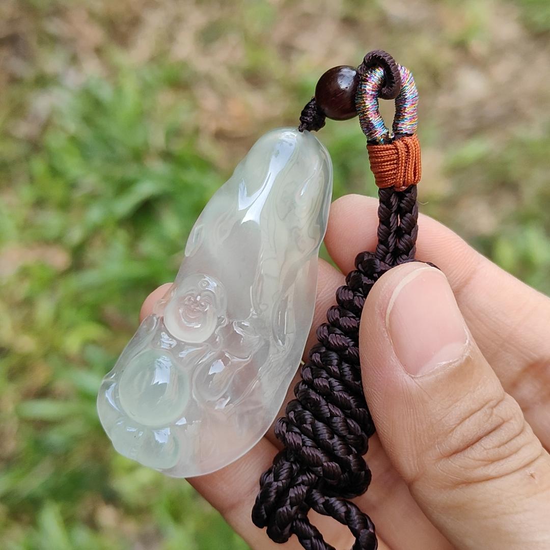 Highly Translucent Premium Icy Natural Type A Jadeite Pendant Necklace crafted as Milo Buddha with certificate, weigh 14.78 grams, 55 * 24.50 * 6.60 mm, symbols of Wealth, luck, prosperity, optimism, and hope, suitable for collections (pendant55) Yi Pin Qian