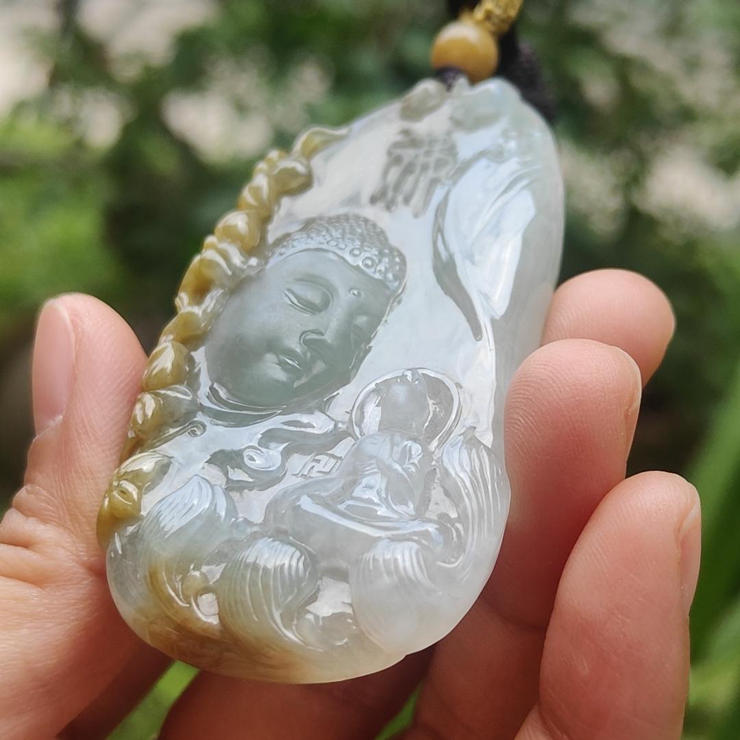 High Quality Yellow with Light Green Natural Type A Jadeite Jade crafted with Buddha and Monk as Pendant, certificate weigh 54.87 grams, measurement 71.6 * 35.6 * 9.5 mm (pendant262) Yi Pin Qian