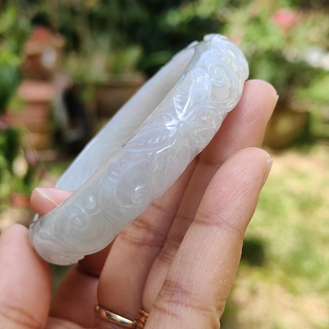 Light Lavender Natural Type A Jadeite Jade crafted with Pattern of Flowers with shape of Peace Bangle Bracelet , certificate weigh 60.82 grams, measurement 14 * 8.6 mm, Bangle Wrist Size: 56.5 mm (bangle6) Yi Pin Qian