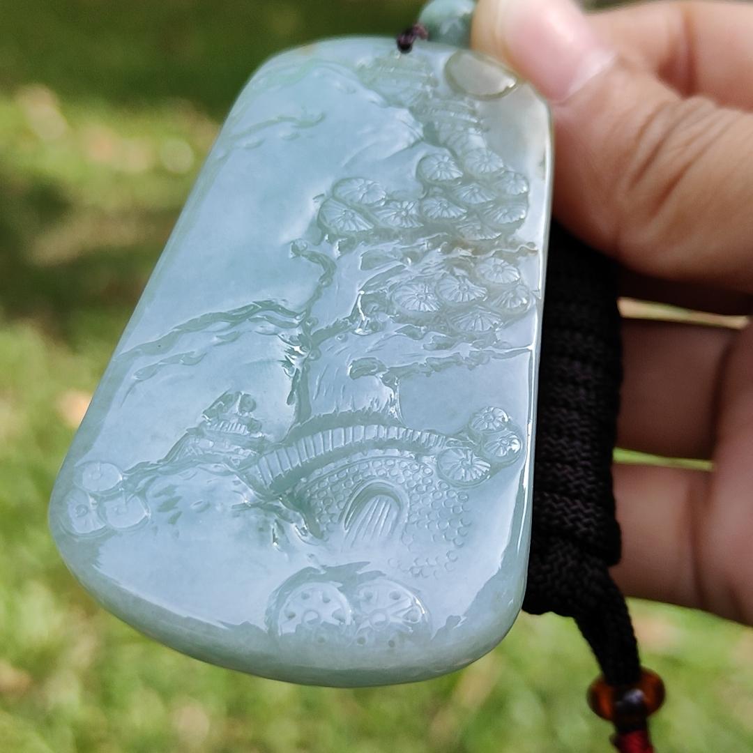 High Quality Light Green with Yellow Natural Type A Jadeite Jade crafted with sceneries as Pendant, certificate weighs 78.02 grams, measurement 66.1 * 40.5 * 13.3 mm (pendant280) Yi Pin Qian