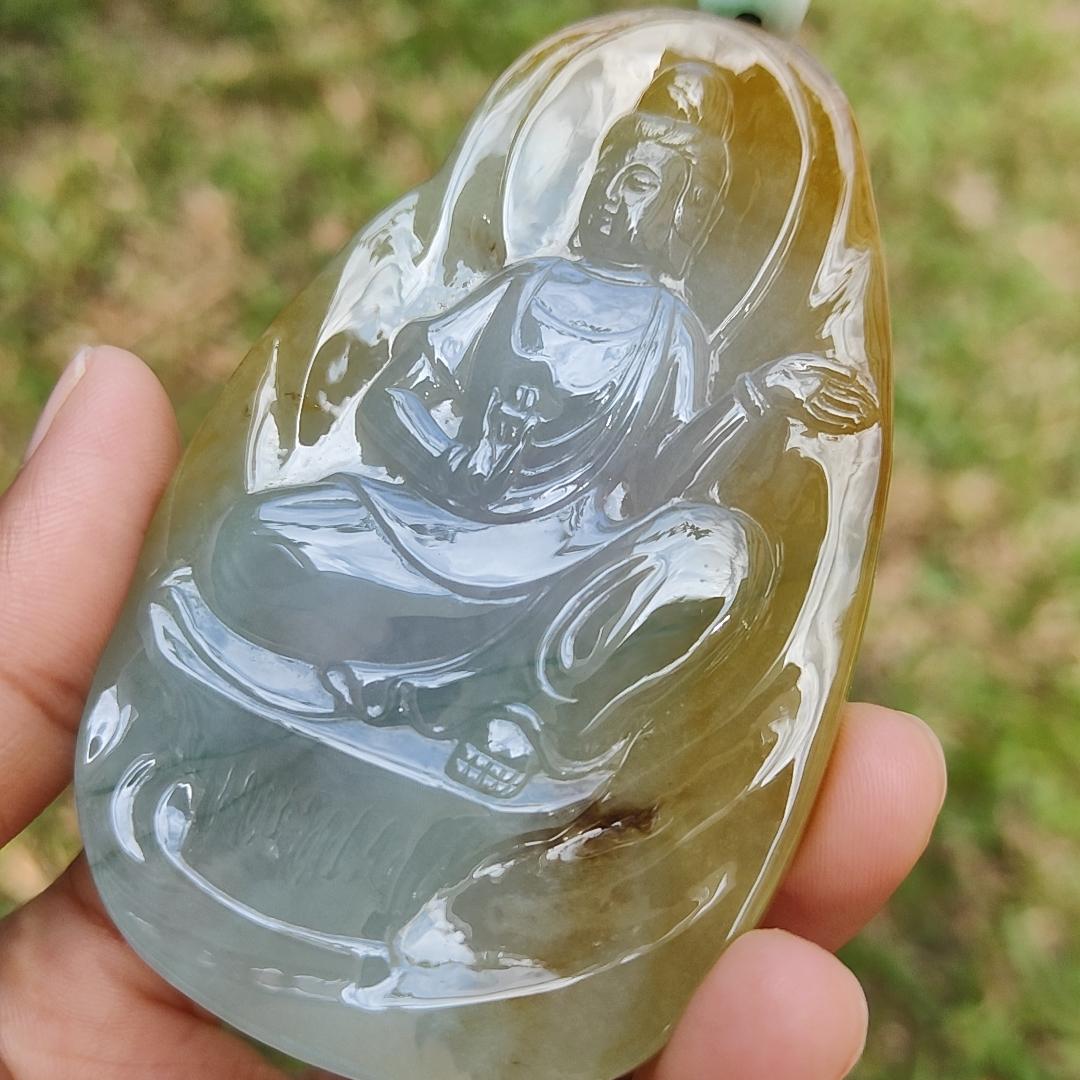 Hugh High Quality Light Green, Yellow Brown and Red Natural Type A Jadeite Jade crafted as Guanyin for Pendant, certificate weighs 79.47 grams, measurement 83.3 * 52.6 * 8.5 mm (pendant282) Yi Pin Qian