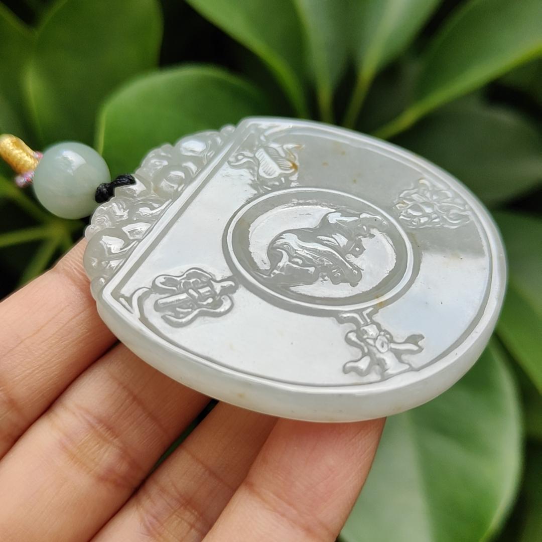 Crafted on Natural Light Green, Yellow Type-A Jadeite-Jade as Traditional Pendant with Pair of Pixiu, Bull and Chinese Word meaning auspicious, certificate weighs 32.14 grams, measurement 54.5 * 47.5 * 5.5 mm (pendant301) Yi Pin Qian Jadeites Jade Jewelry ~Your Precious Quintessential ~ Singapore