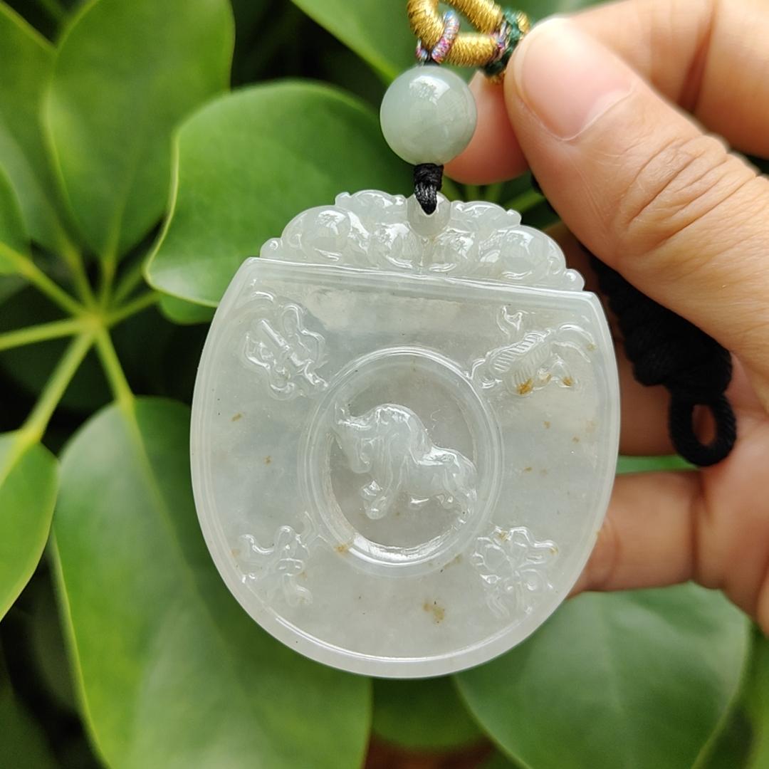Crafted on Natural Light Green, Yellow Type-A Jadeite-Jade as Traditional Pendant with Pair of Pixiu, Bull and Chinese Word meaning auspicious, certificate weighs 32.14 grams, measurement 54.5 * 47.5 * 5.5 mm (pendant301) Yi Pin Qian Jadeites Jade Jewelry ~Your Precious Quintessential ~ Singapore