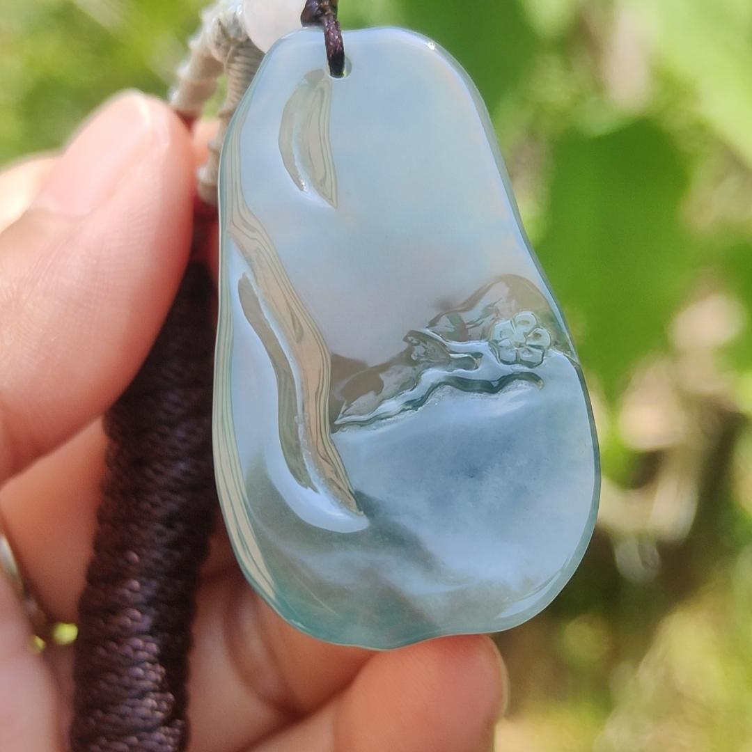 High Premium Quality Icy Green Natural Type A Jadeite Jade Pendant Necklace crafted with bird, flower and tree trunk, certificate included weigh 11.70 grams, measurement 40 * 23 * 6.3 mm (pendant187) Yi Pin Qian