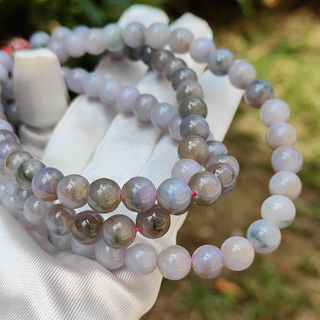 Very Rare Premium Light Green, Lavender and Brown Natural Type A Jadeite Jade crafted as 8mm * 98 beads for Necklace or Bracelet with certificate weigh 82.98 grams (bracelet22) Yi Pin Qian