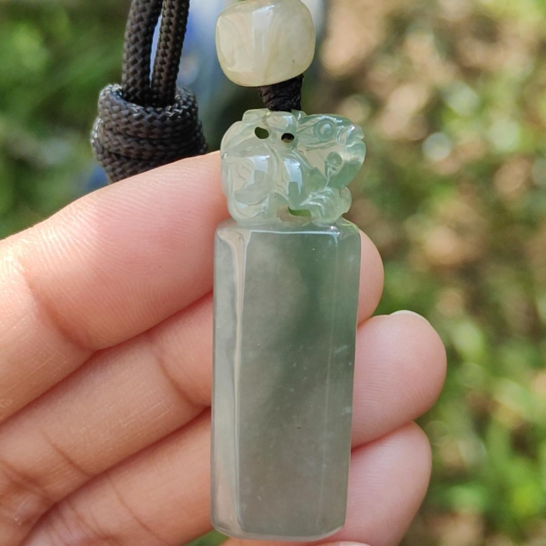 An Excellent Piece of Green Natural Type A Jadeite Pendant Necklace or Stamp crafted with Pixiu boosting Incoming Money and power with certificate weigh 13.16 grams, 41.2 * 13.6 * 8.7 mm , (pendant137) Yi Pin Qian
