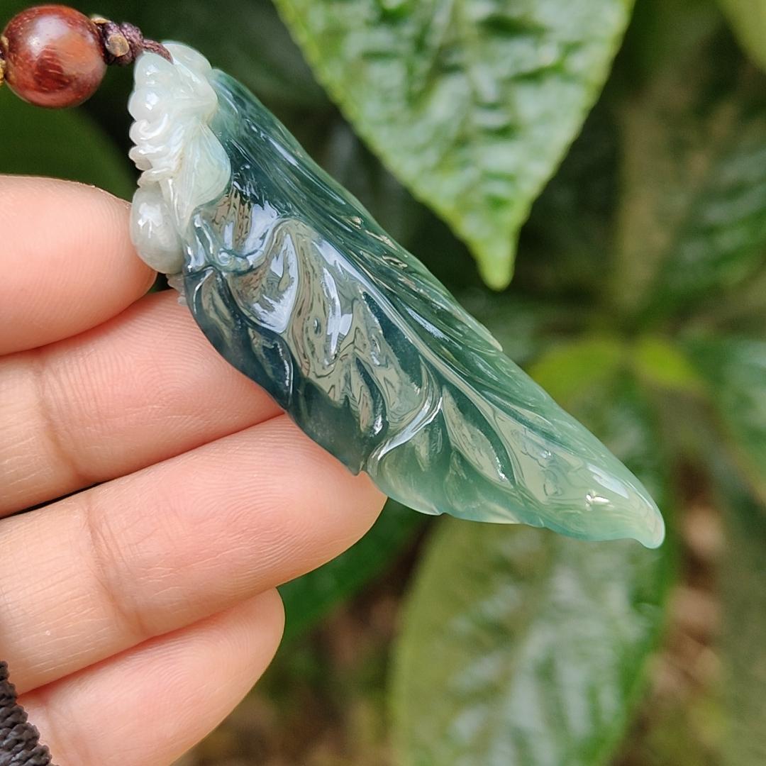 Bluish Dark Green Premium Quality Natural Type A Jadeite Pendant Necklace crafted as leaf with certificate weigh 12.98 grams, 57.7 * 24 * 8 mm, symbols of Great success and rising step by step, career is going smoothly (pendant164) Yi Pin Qian