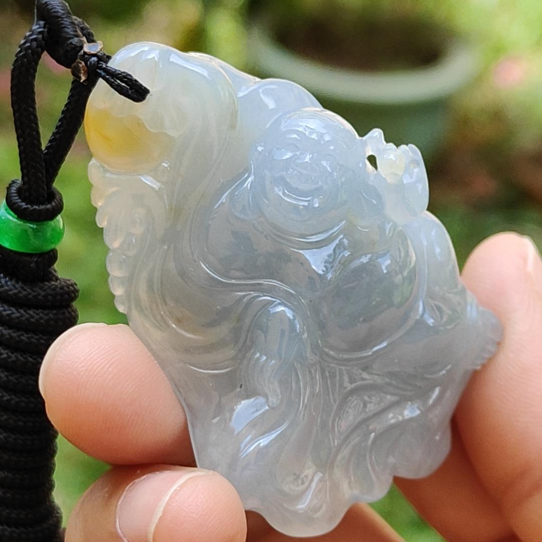 High Premium Light Lavender and Yellow Natural Type A Jadeite Jade crafted with Milo Buddha as Pendant, certificate weighs 49.13 grams, measurement 58.6 * 39.5 * 18.7 mm (pendant284) Yi Pin Qian