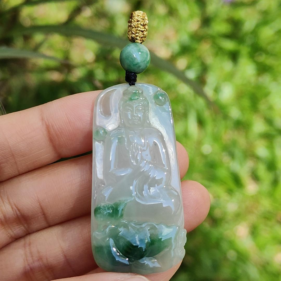 Icy Good Translucency with Green Natural Type A Jadeite Pendant Necklace crafted with Buddha and Lotus, certificate included weigh 13.2 grams, 46.2 * 22.5 * 6.3 mm Yi Pin Qian