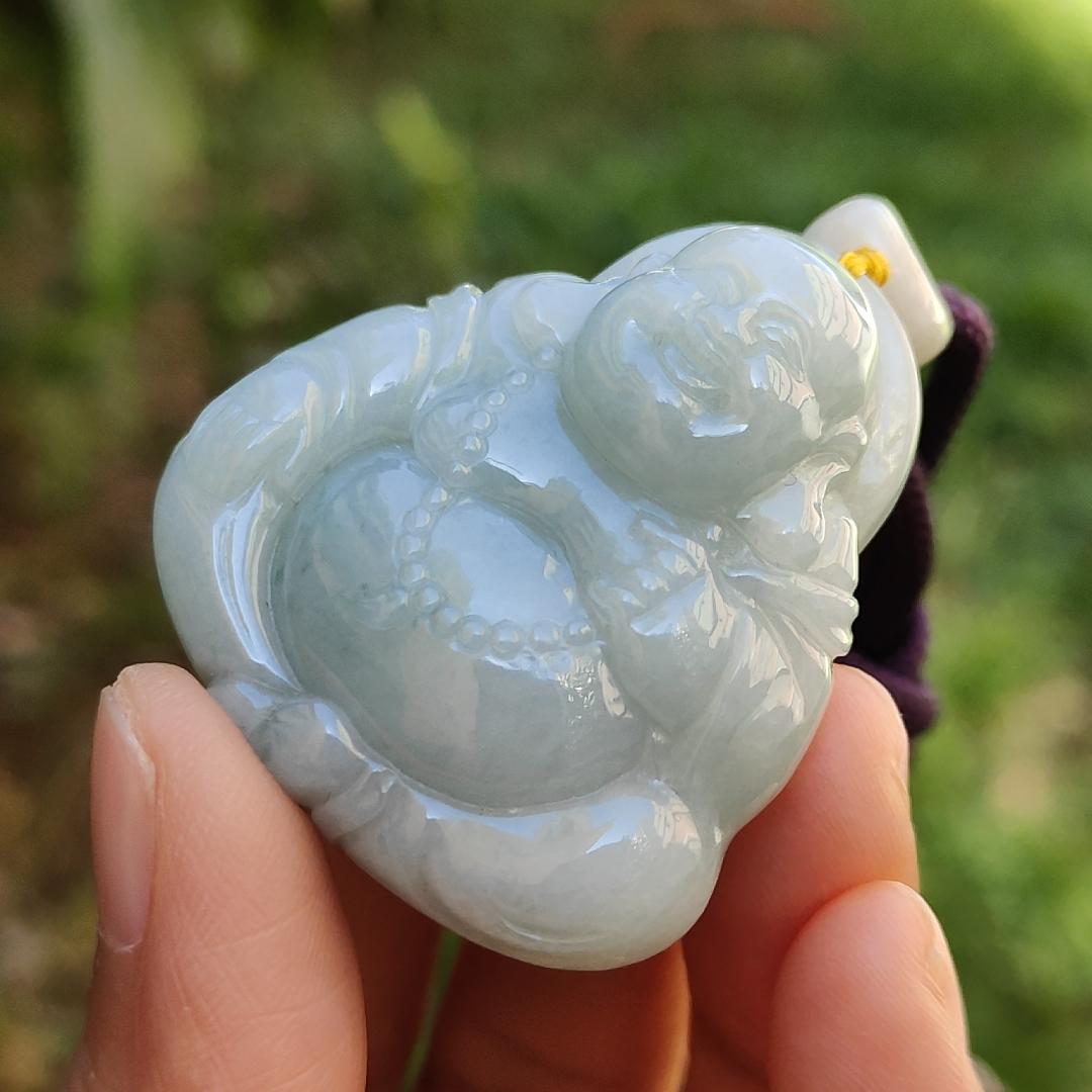 Light Green with green patches Natural Type A Jadeite Jade Pendant Necklace crafted as Laughing Buddha with certificate weigh 36.66 grams, 40.3 * 37.5 * 15 mm (pendant165) Yi Pin Qian
