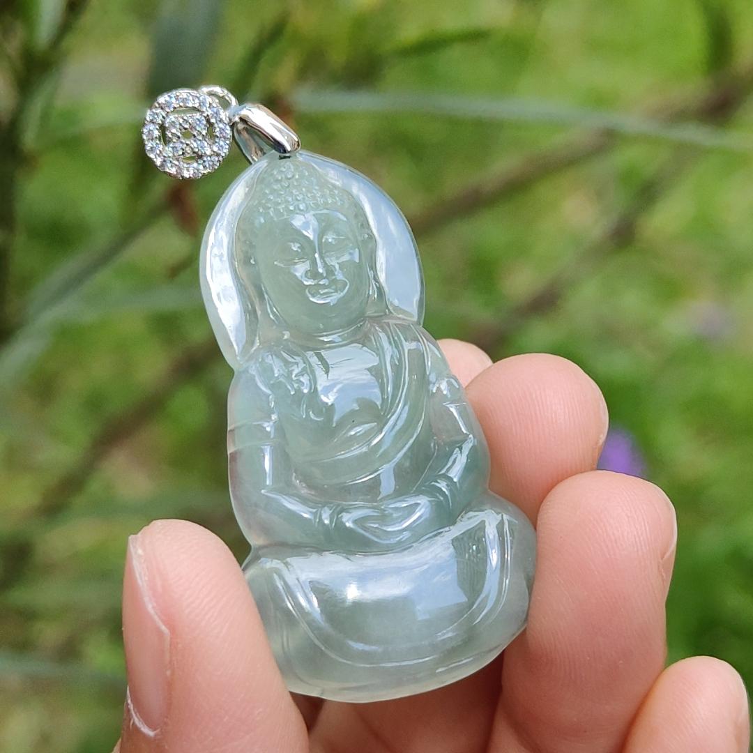 Premium Icy Good Translucency Green Hue Natural Type A Jadeite Pendant Necklace crafted as Buddha with certificate weigh 8.65 grams, 42.5 * 23.8 * 5.8 mm, collectible jadeite suitable for daily wear Yi Pin Qian